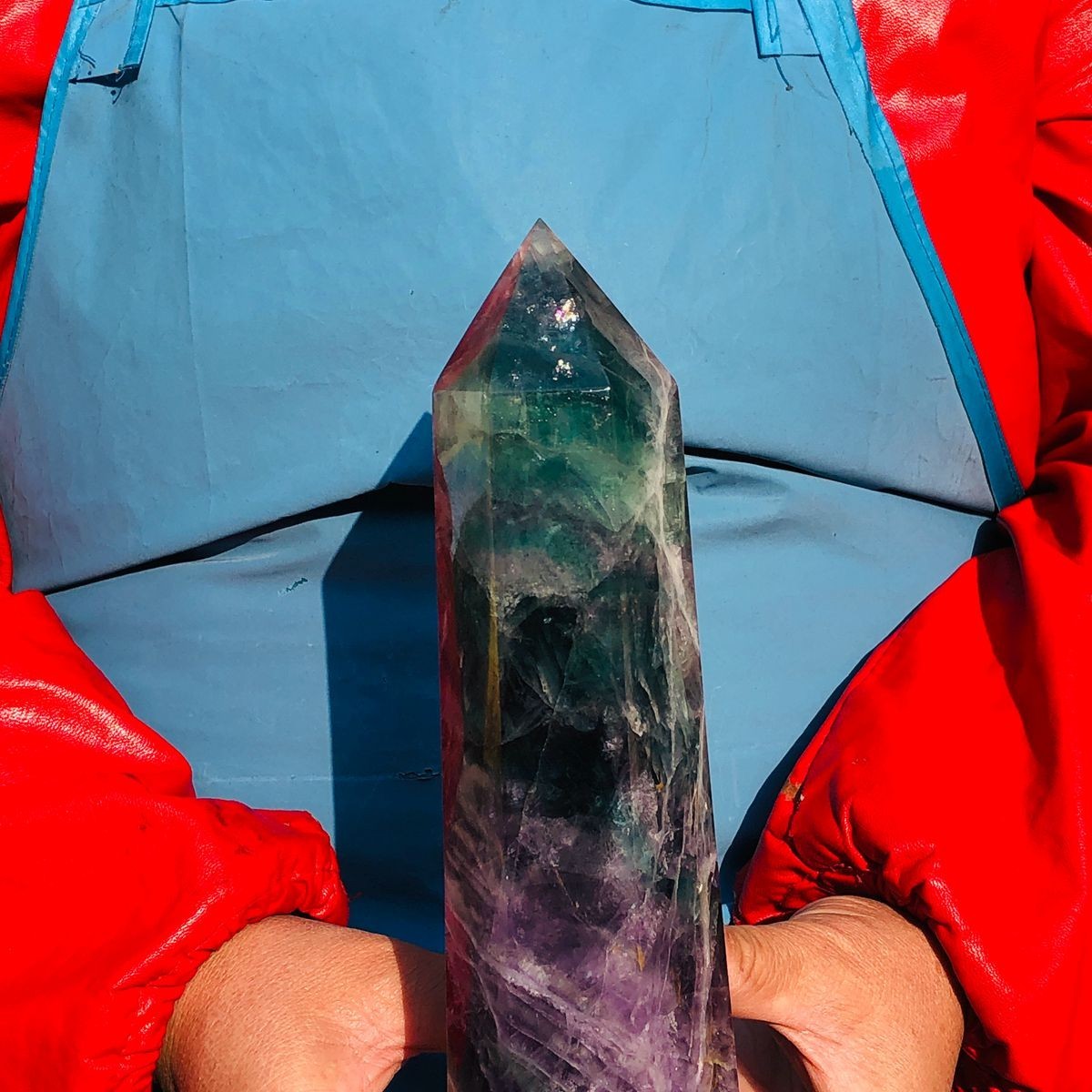 2pc 7.59LB Natural color fluorite obelisk quartz crystal energy column healing