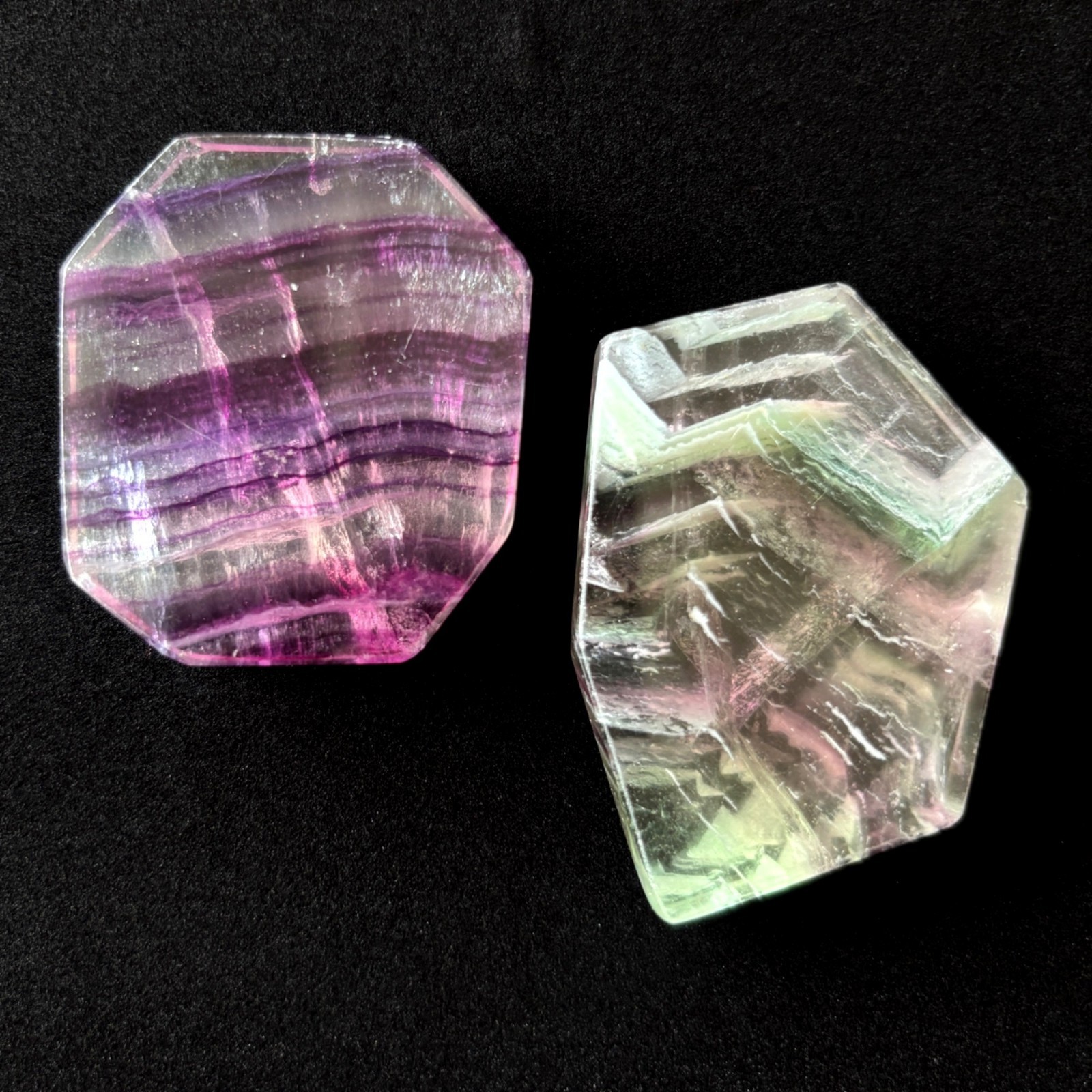 Fluorite Lot Geometric Polished Palm Stone Purple Green Slabs Display UV Glow