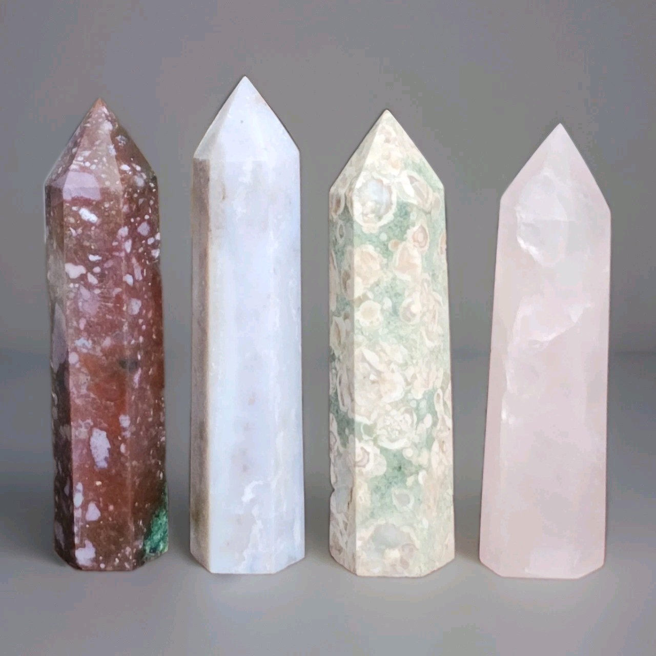 Lot Of 4 Llanite, Ocean Jasper, Green Flower Agate & Rose Quartz Towers – USA