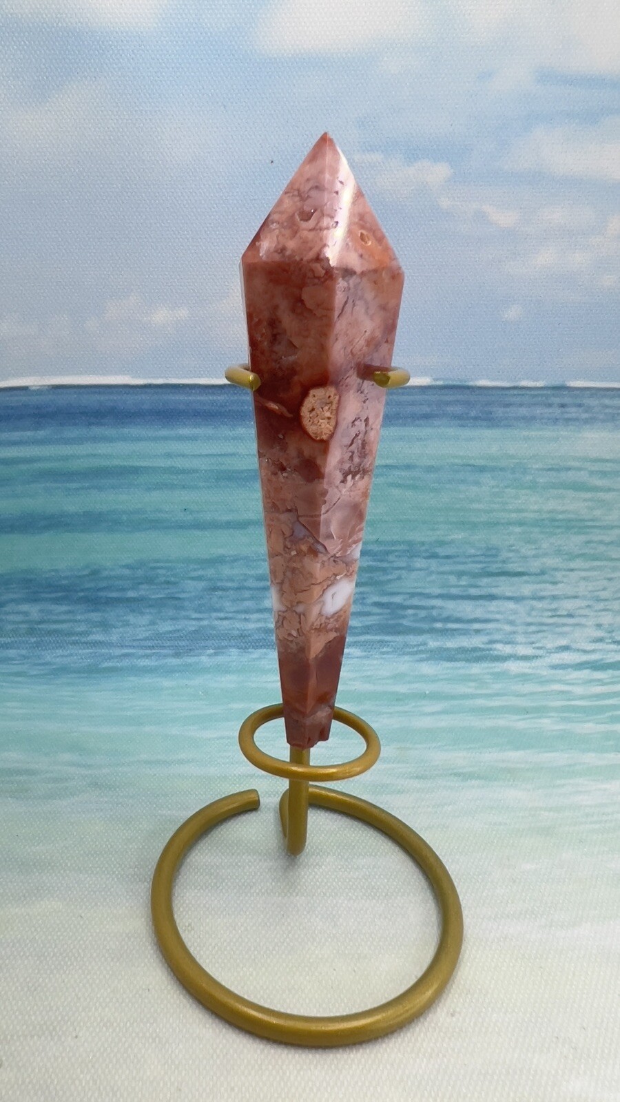 66G Natural Red Flower Agate QUARTZ POLISHED WAND+Stand Crystal Reiki US Seller