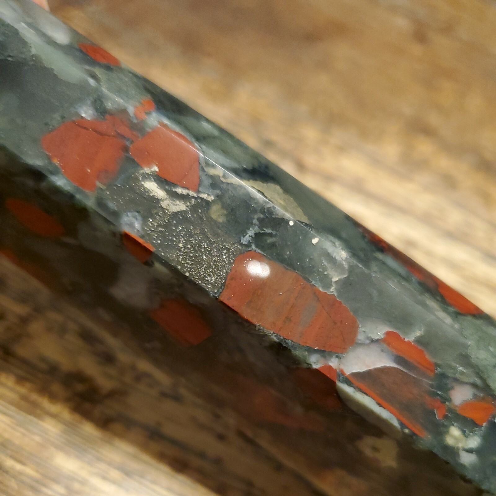African Bloodstone Crystal Tower Point. Approx 6.75in x 1.46in x 1.11in, 304g