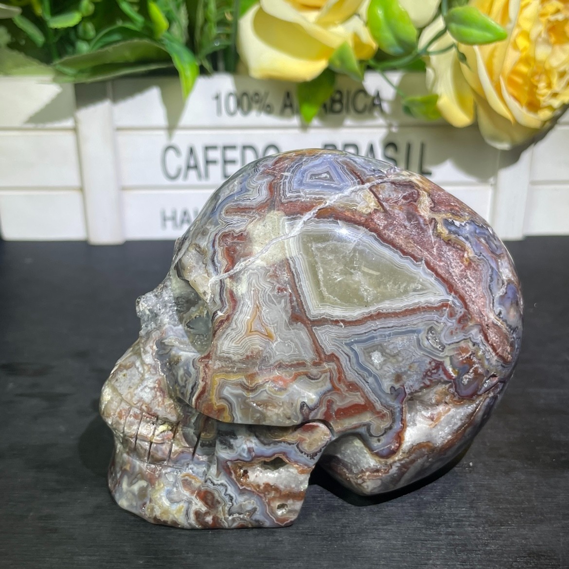1.7LB 3.9″ Natural Mexican Agate Skull Carved Crystal Reiki Quartz Healing