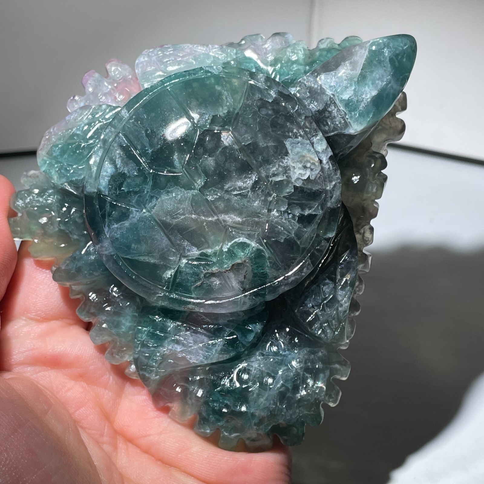 353G Natural Color fluorite Quartz Crystal sea turtle Skull Reiki Healing Gift