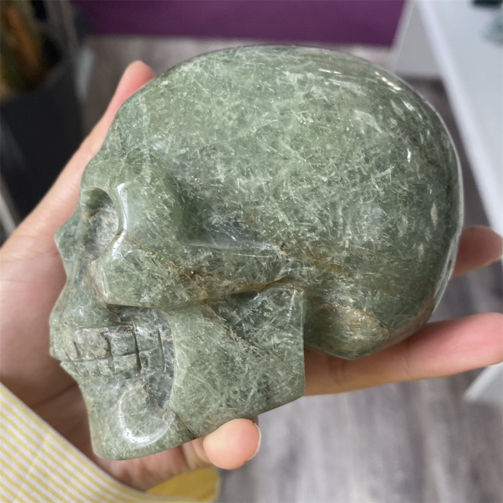 1.7LB 4″Natural A+Green Rutiled Quartz Skull Statue Crystal Reiki Carving Decor
