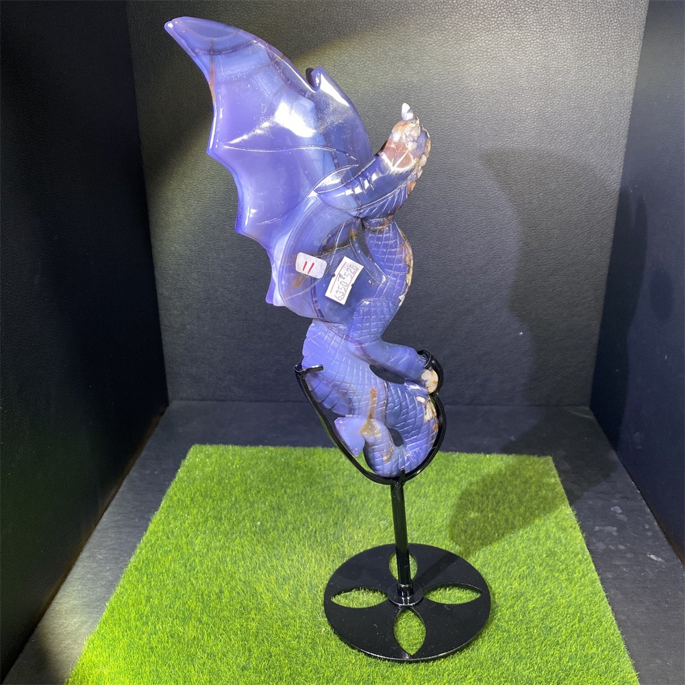 1.4LB 12.8″ A+Blue Flower Agate Dragon Statue Crystal Reiki Carving Quartz Decor