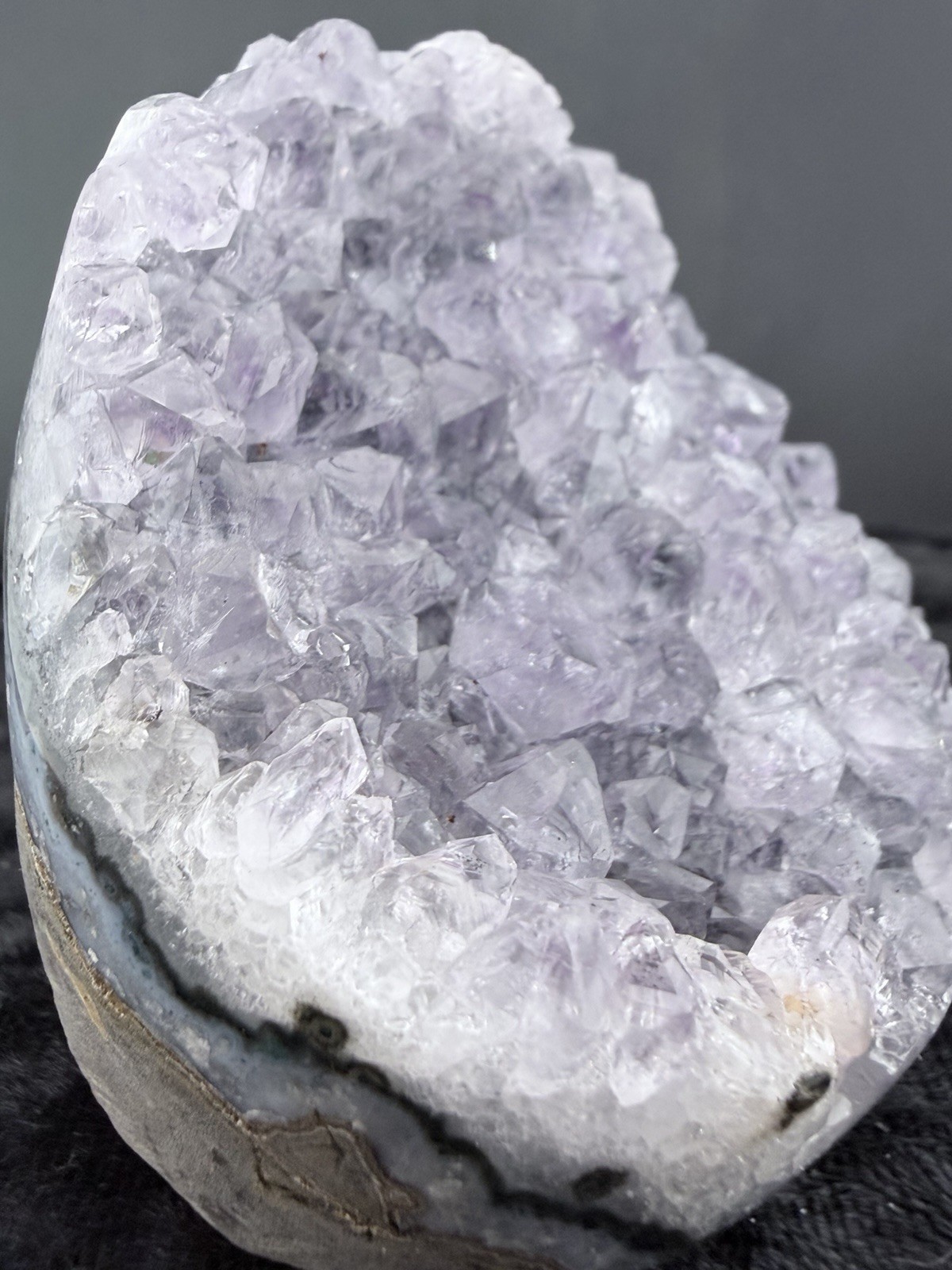 Silver Amethyst Crystals in Polished, Cut Base Lava Vug, from Uruguay 172 g.