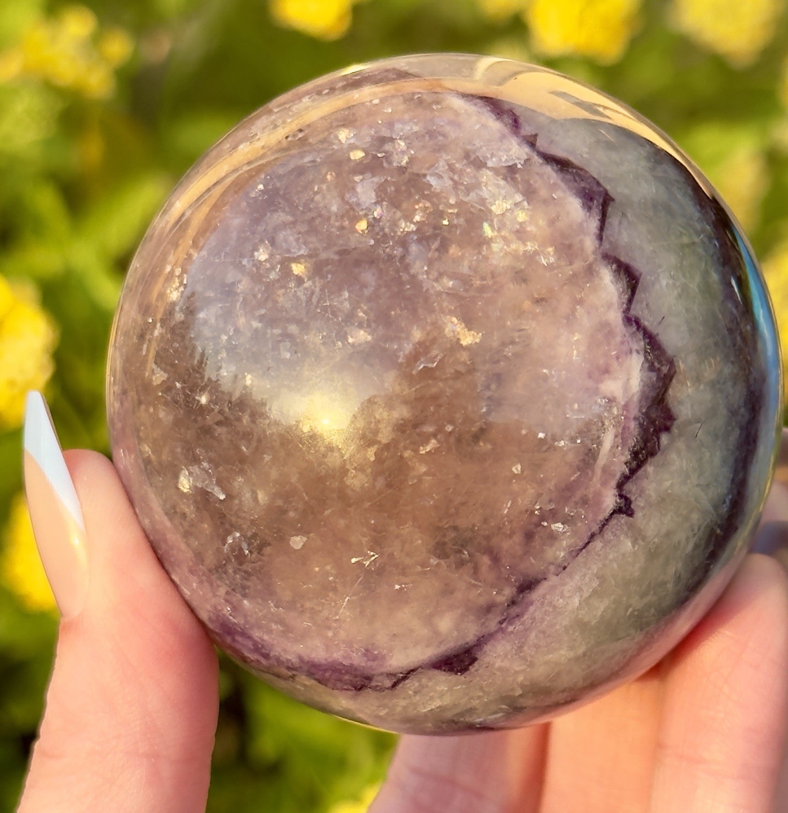 63mm Mint Green Purple Rainbow Fluorite Sphere With Mica Crystal Ball