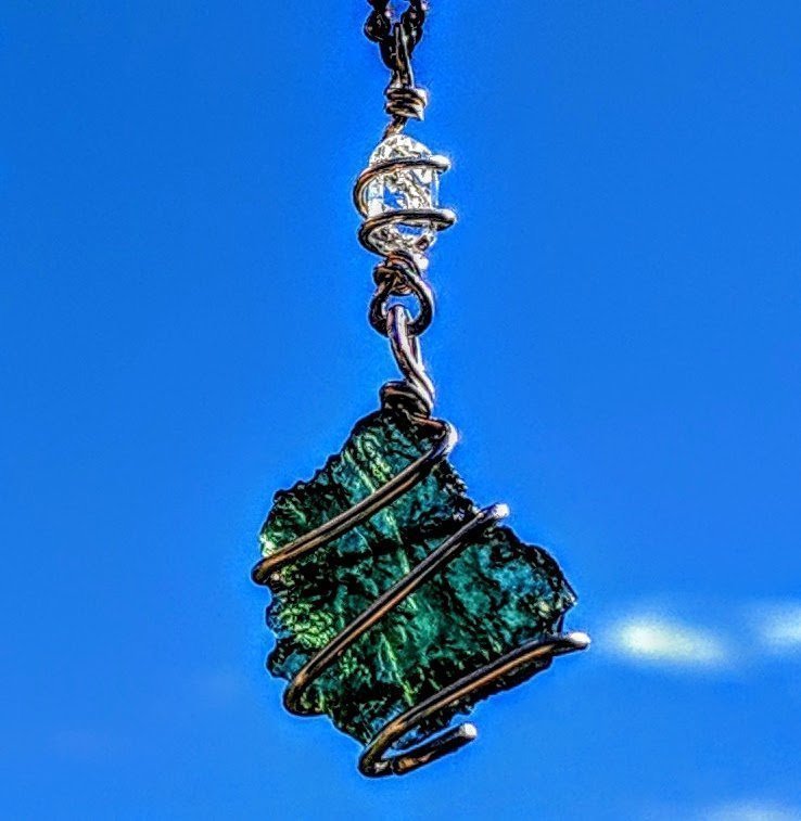 MOLDAVITE & HERKIMER DIAMOND Necklace. Tektite Crystal 925 Pendant Synergy 12