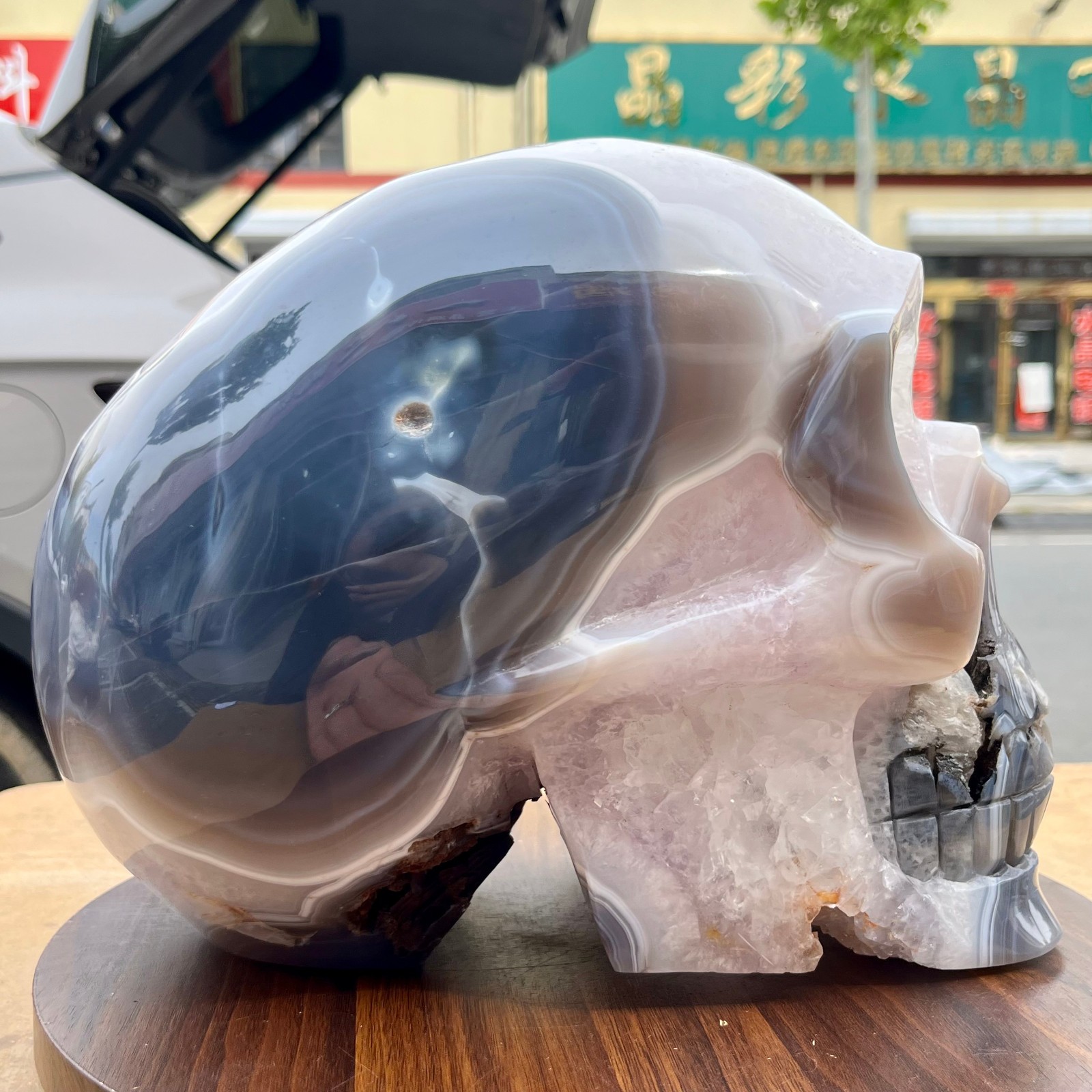 Polished Agate Crystal Skull Carving Natural Stone Head Sculpture Gothic 31.9 lb
