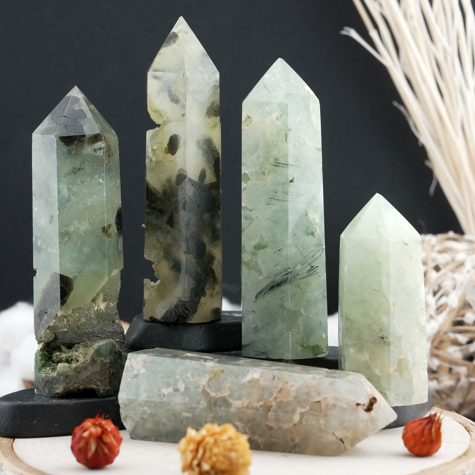 Prehnite Epidote Crystal Point Tower Black Tourmaline Inclusions Green Gemstone
