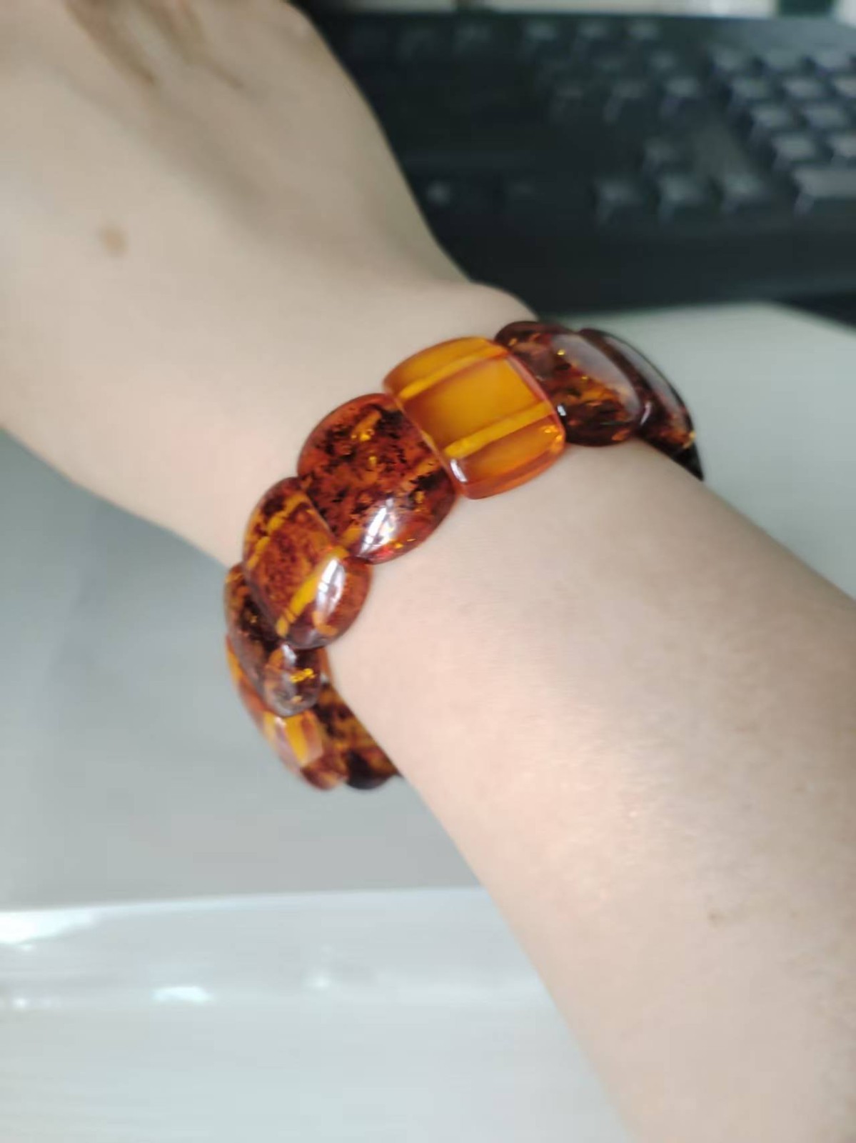 Genuine Natural Piebald Amber Gemstone Rectangle Crystal Beads Bracelet AAAA