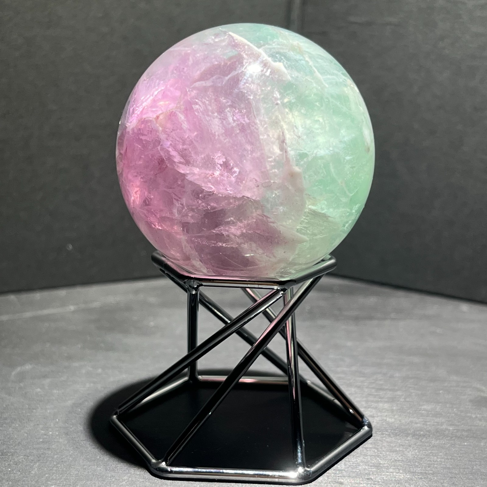 316G Natural Fluorite ball Colorful Quartz Crystal Gemstone Healing + Stand C3