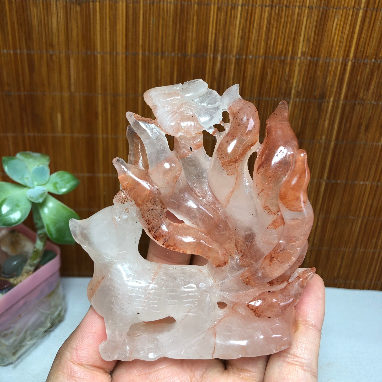 91mm Natural Red gum flower crystal carved Nine Tailed Fox specimens 175g A1799
