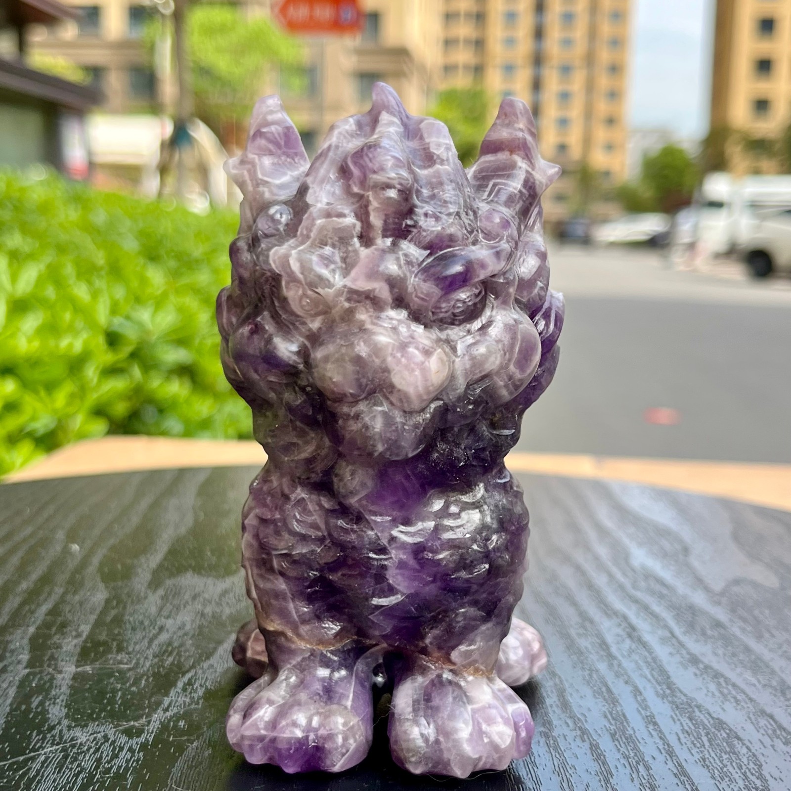 Natural Amethyst Pixiu Statue Feng Shui Wealth Crystal Qilin Figure 680 g