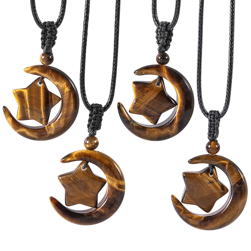 Star Moons Necklace Beads Crystal Gemstone Crescent Pendant Healing Reiki Gift