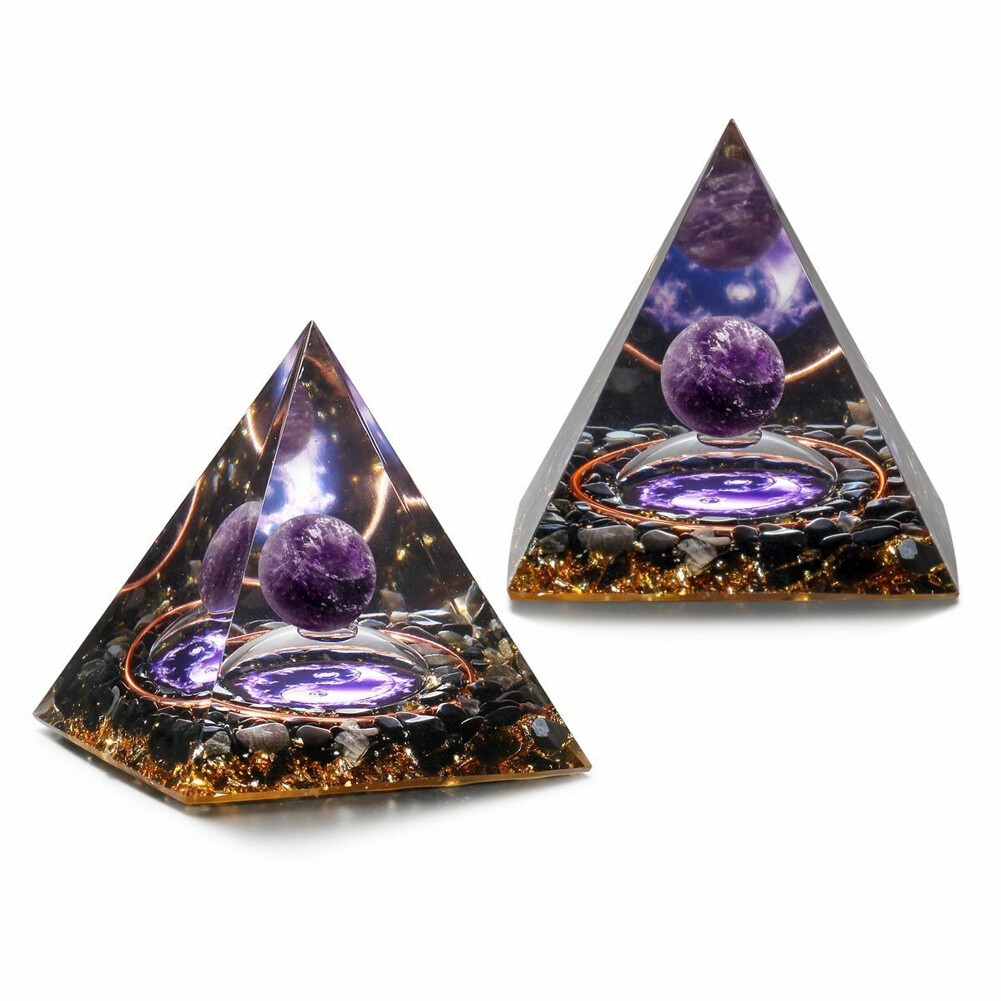 2Pc Amethyst Crystal Sphere Orgonite Pyramid Obsidian Chakra Energy Orgone Stone