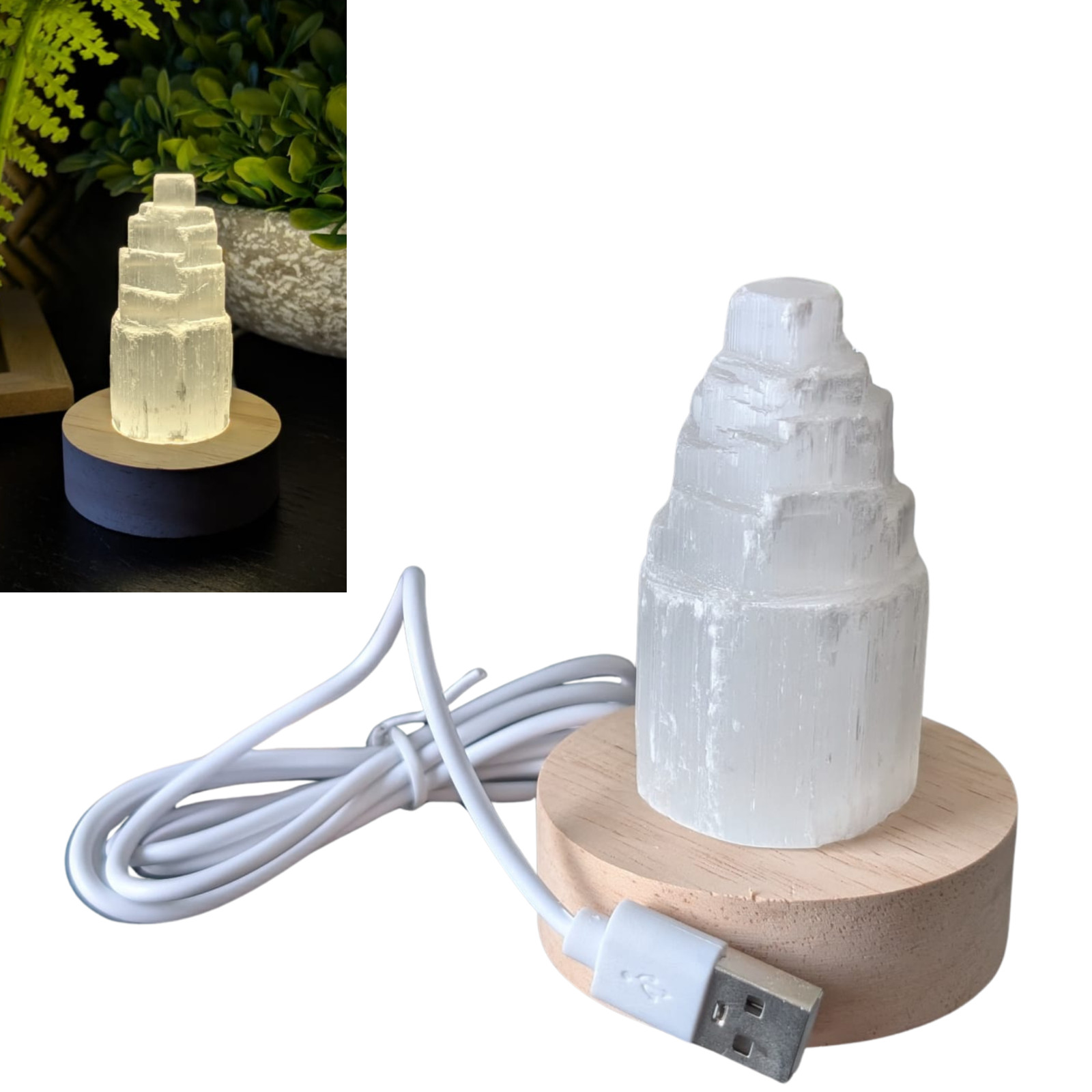 Selenite Tower USB Mini Lamp Natural Healing Crystal Night Kids Light Decor