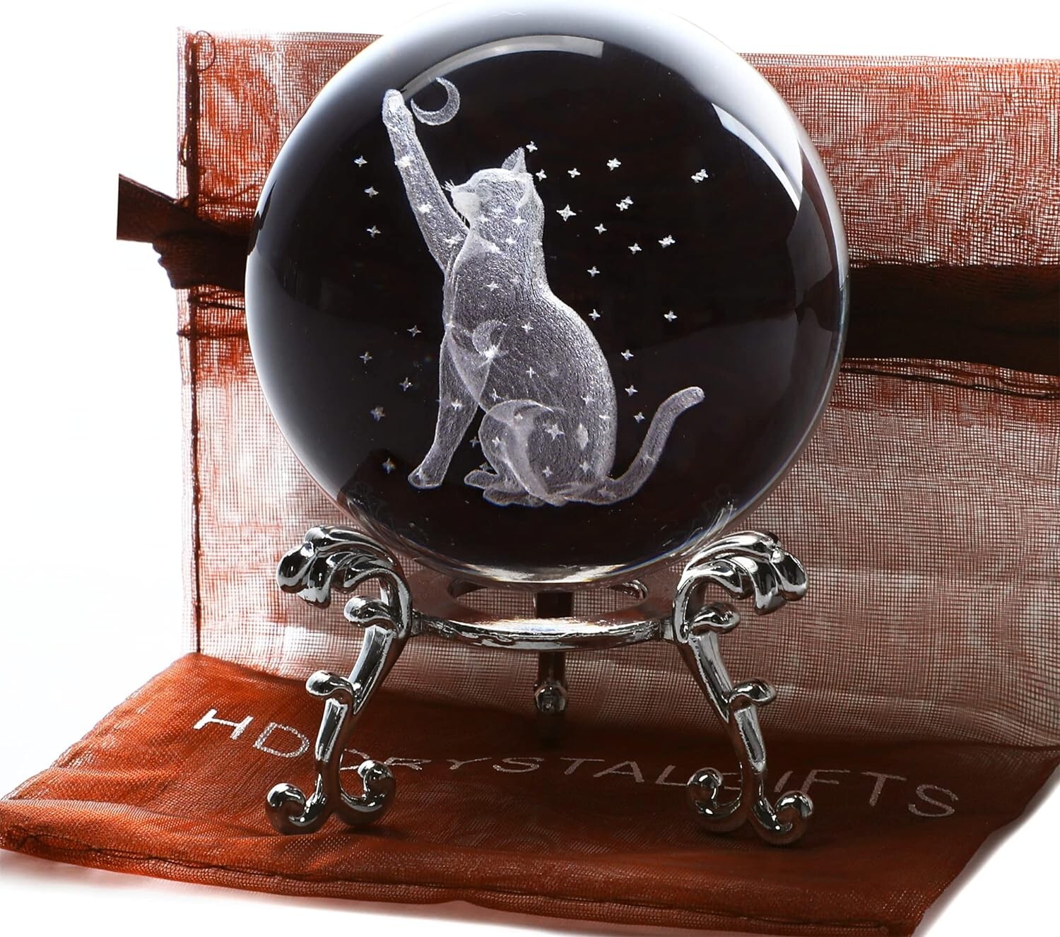 ZEERSHEE 60mm 3D Cat Crystal Ball Figurine Glass Laser Engraved Cat Moon Star C