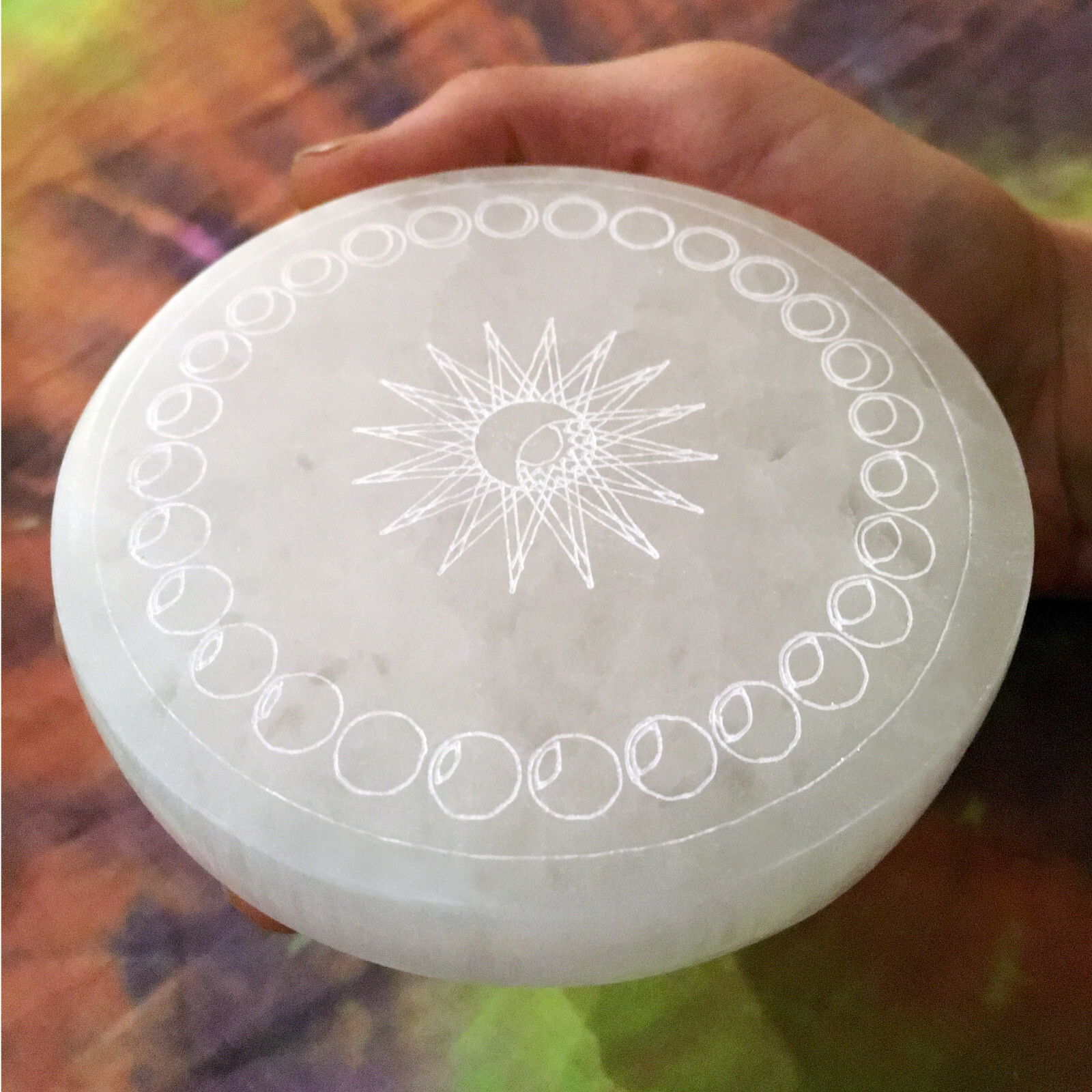 Selenite Crystal Charging Plate 4″ Moon Phases Engraved Circle Disc Reiki Energy