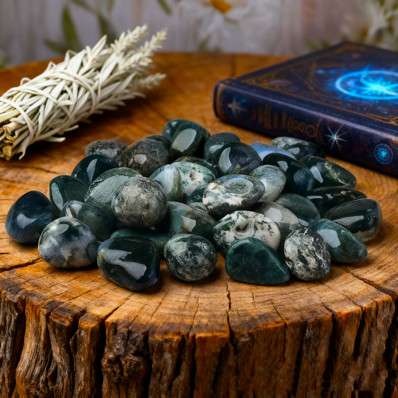 5pcs Natural Moss Agate Stones Set Abundance Crystal Grid Collection Home Decor