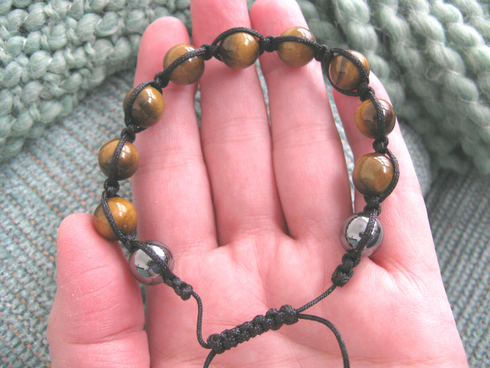 NEW NATURAL GOLDEN TIGER EYE CRYSTAL CUFF WOVEN BRACELET W/ HEMATITE–MEN’S–9″