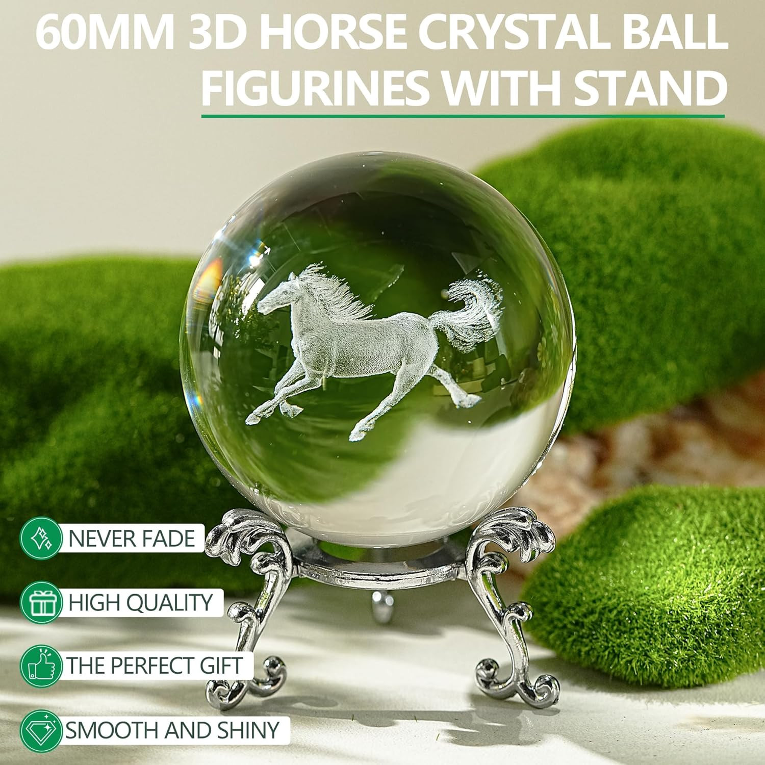 60Mm 3D Horse Crystal Ball Figurines with Stand Chinese Zodiac Glass Ball Feng S