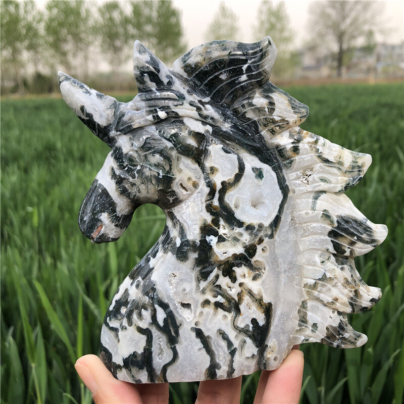 0.88LB Natural Aquatic Agate Unicorn Skull Carved Reiki Crystal Figurines XK3480
