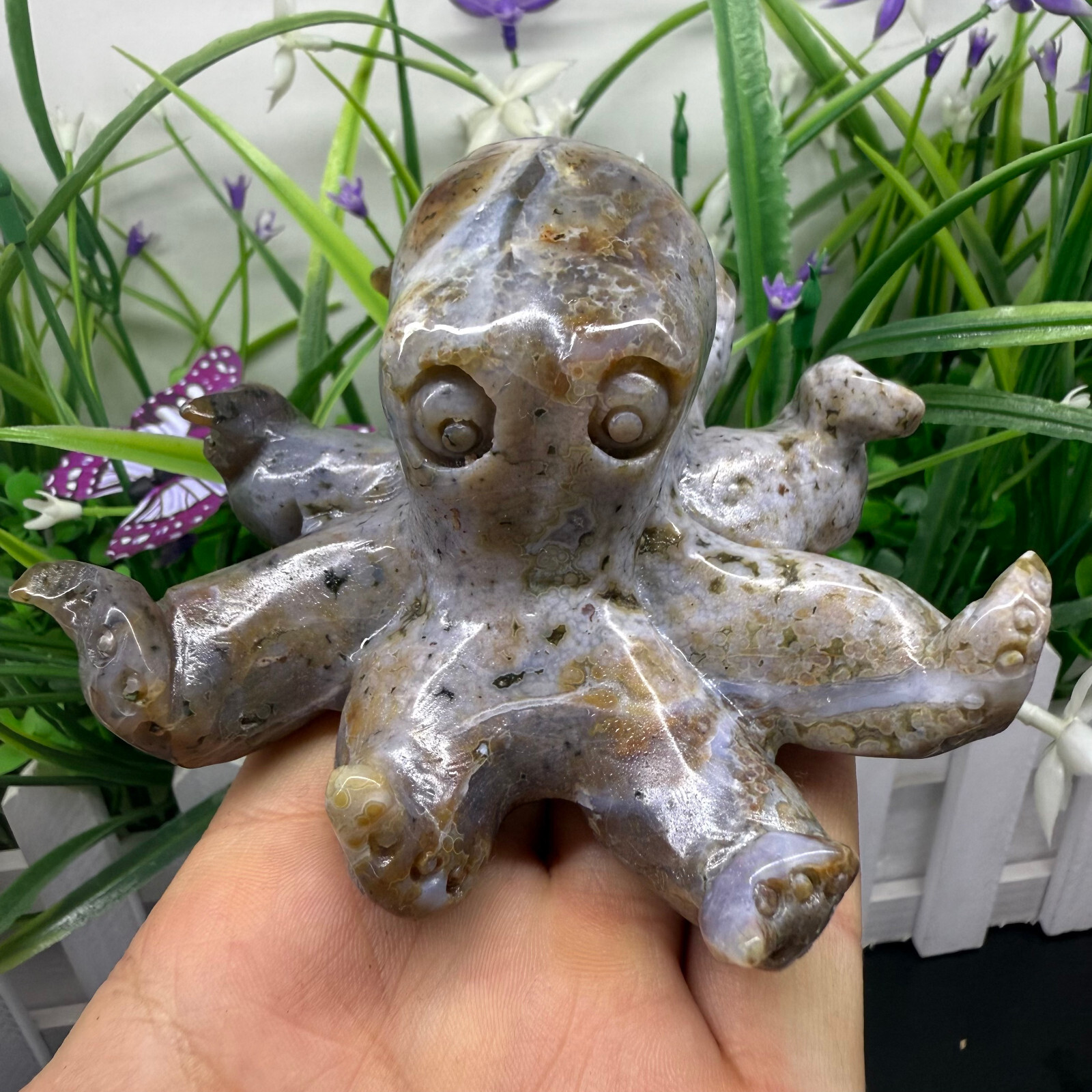 300g natural ocean jasper octopus Skull Quartz Crystal Carved Reiki Healing