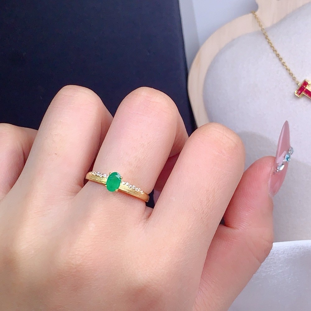 Natural emerald open Adjustable brushed ring Gemstone S925Silver Plated18K Gold