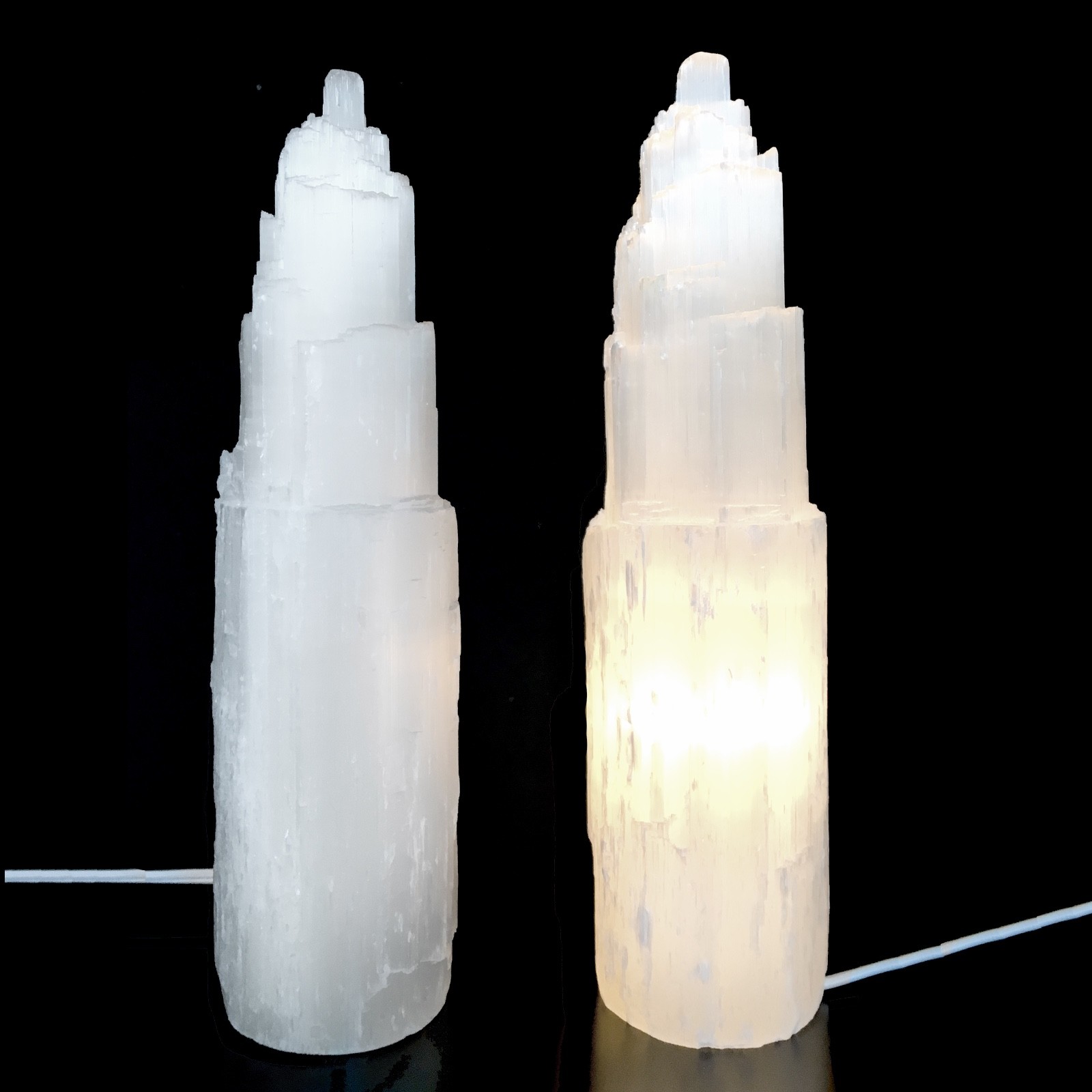 XL Selenite Tower Lamp ” Carved Crystal Natural Healing Light 16″ & LED Cord Bul