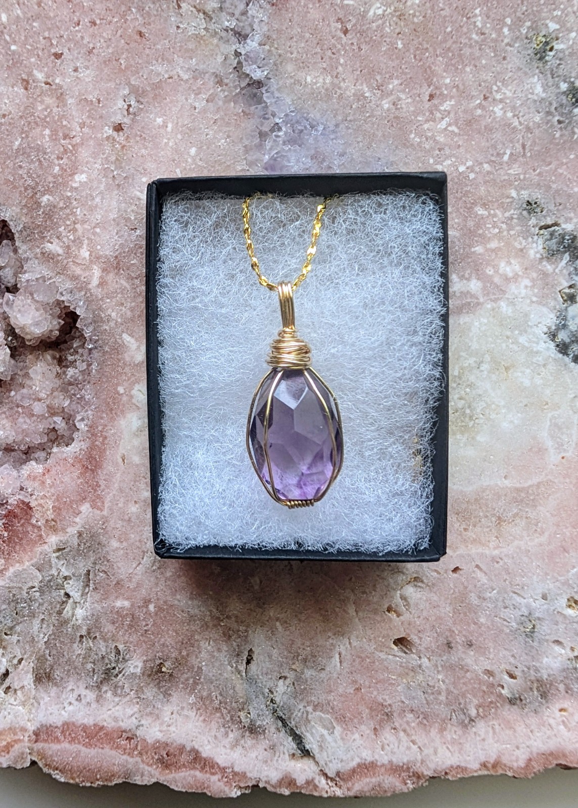 Amethyst Necklace 19 Inch Faceted Wire-wrapped Teardrop 925
