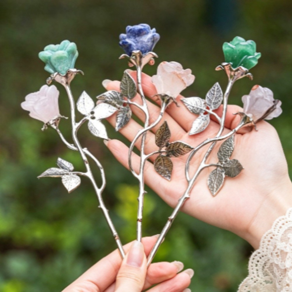 Natural Hand Carved Crystal Double Rose Flower Stick Chakra Healing random 2pcs