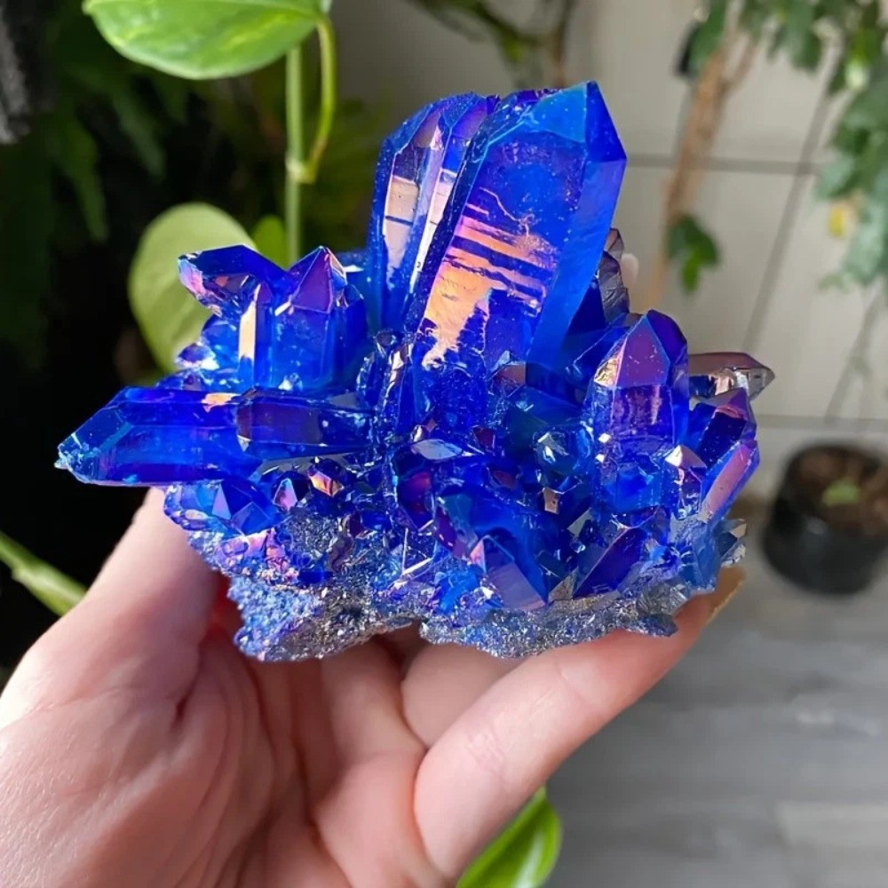 1pc Titanium Aura Bright Blue & Purple Quartz Multicolor Cluster Healing Decor