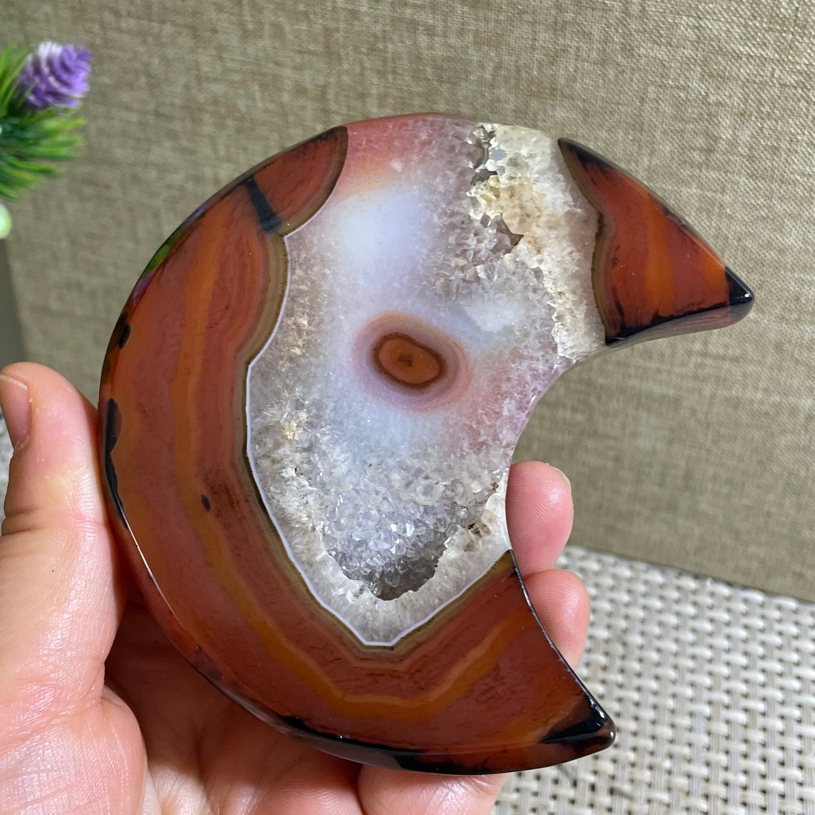 161g Natural striped agate crystal moon shaped quartz healing