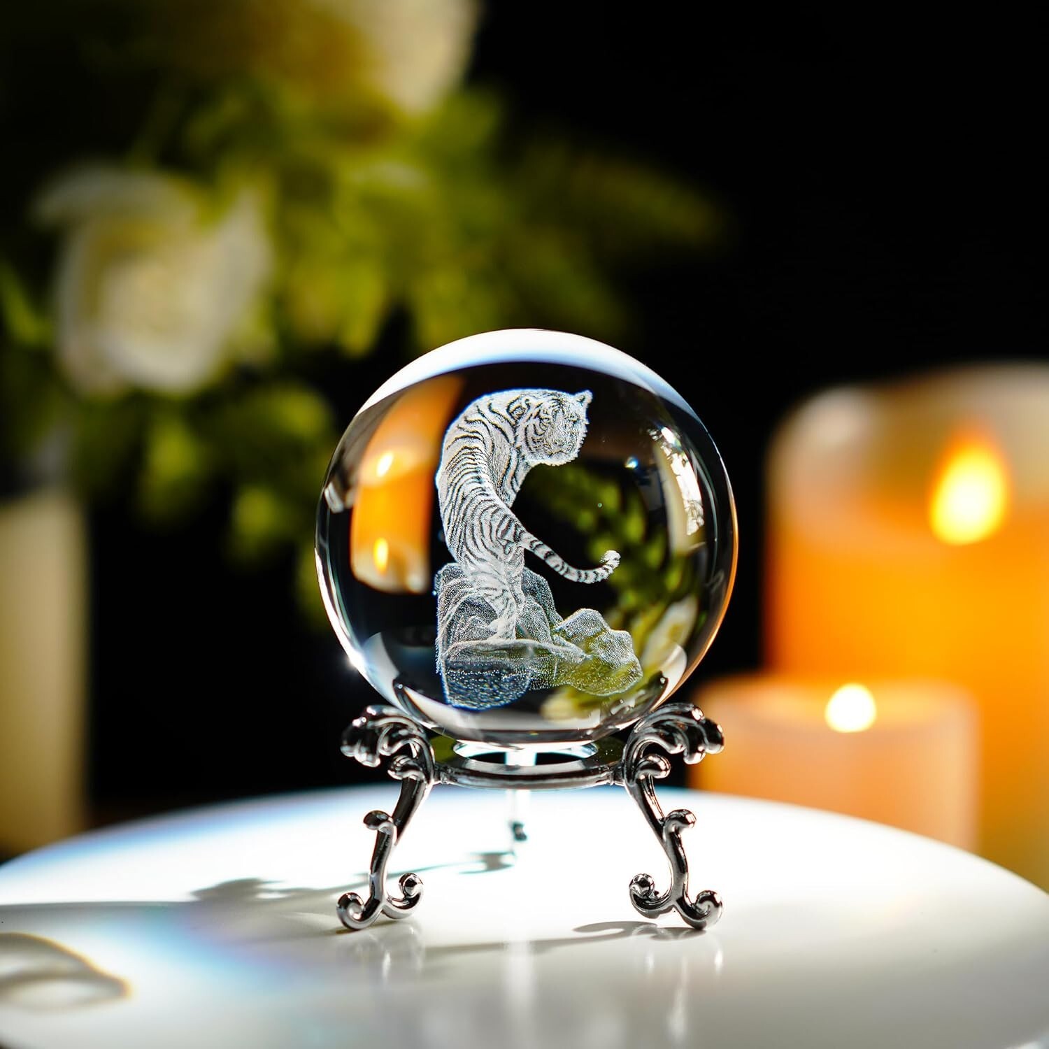 ZEERSHEE 2.3 Inch 60mm 3D Tiger Crystal Ball Figurine Laser Engraved