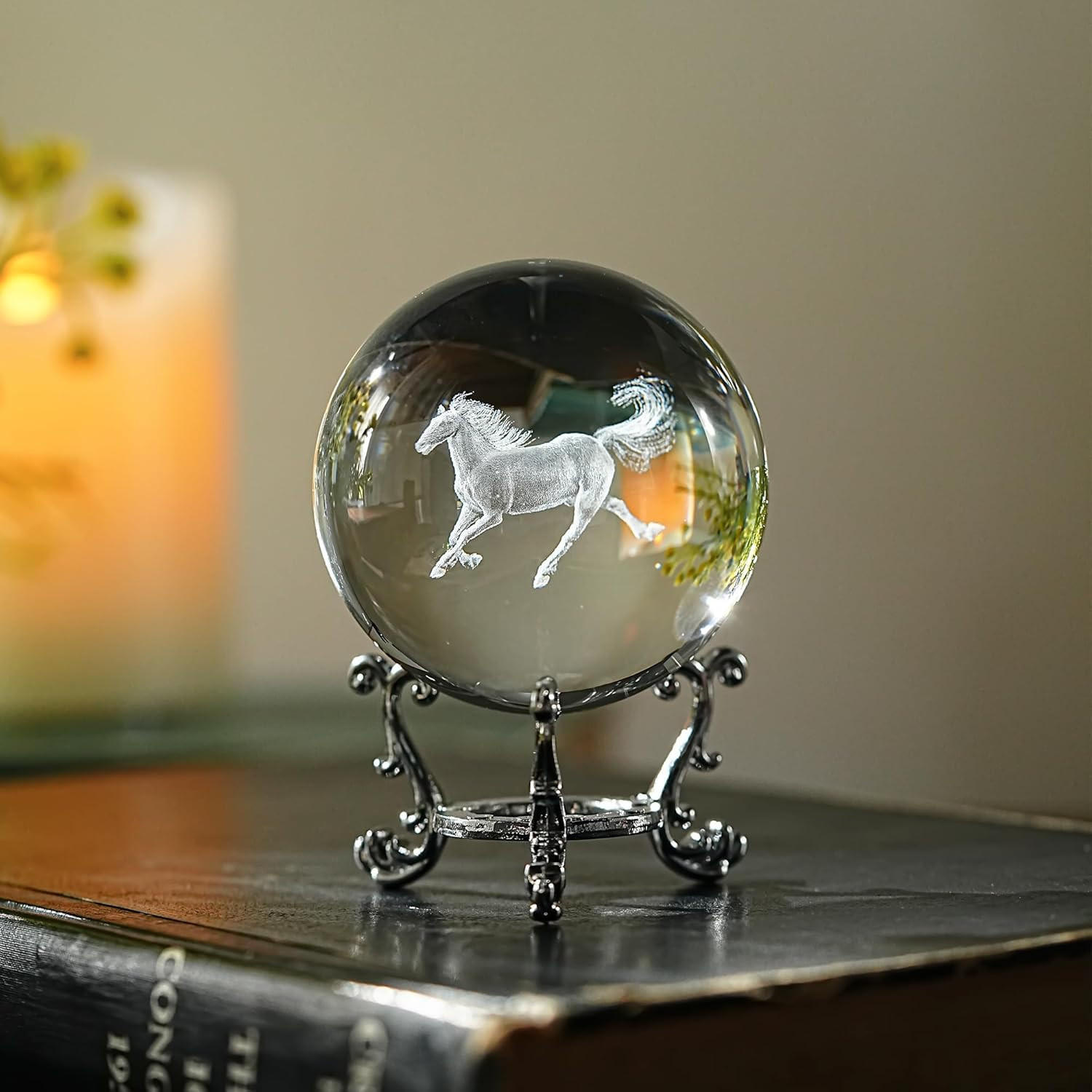 60Mm 3D Horse Crystal Ball Figurines with Stand Chinese Zodiac Glass Ball Feng S