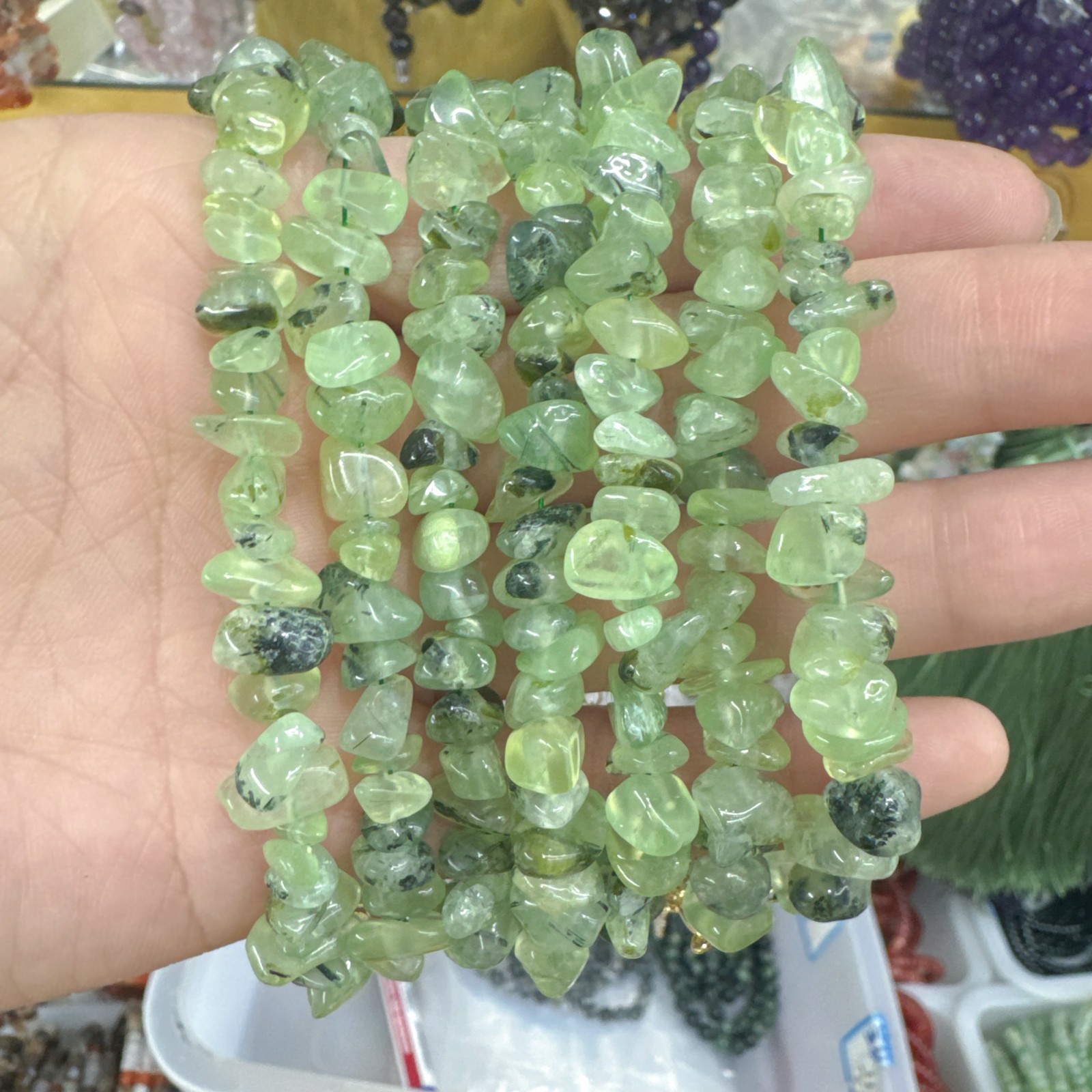 6 Pcs Natural Prehnite Crystal Chip Bead Bracelet Gold Buckle Chain Adjustable