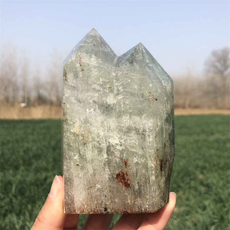 1.65LB Natural Ghost Obelisk Quartz Crystal Phantom Double Point Tower specimen