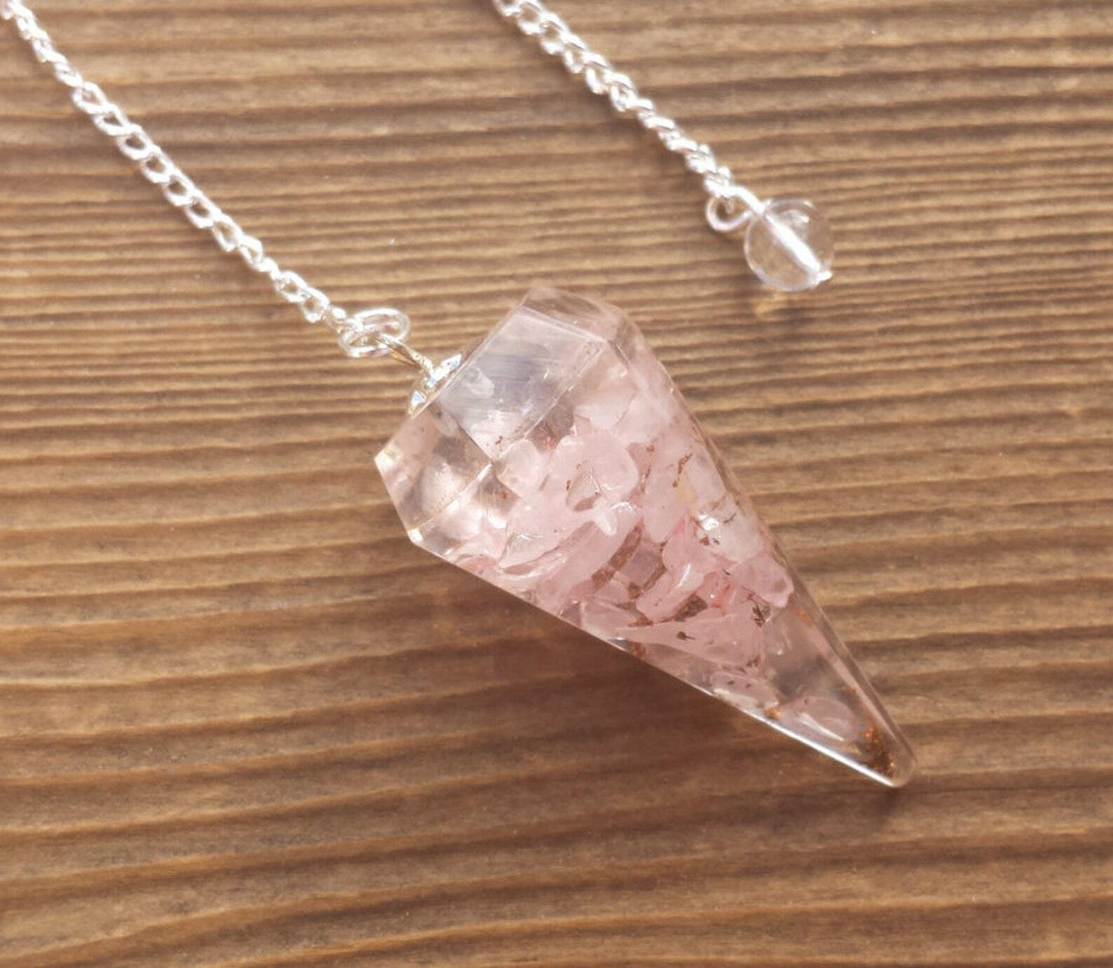 ORGONE ROSE QUARTZ GEMSTONE FACETED ORGONITE PENDULUM