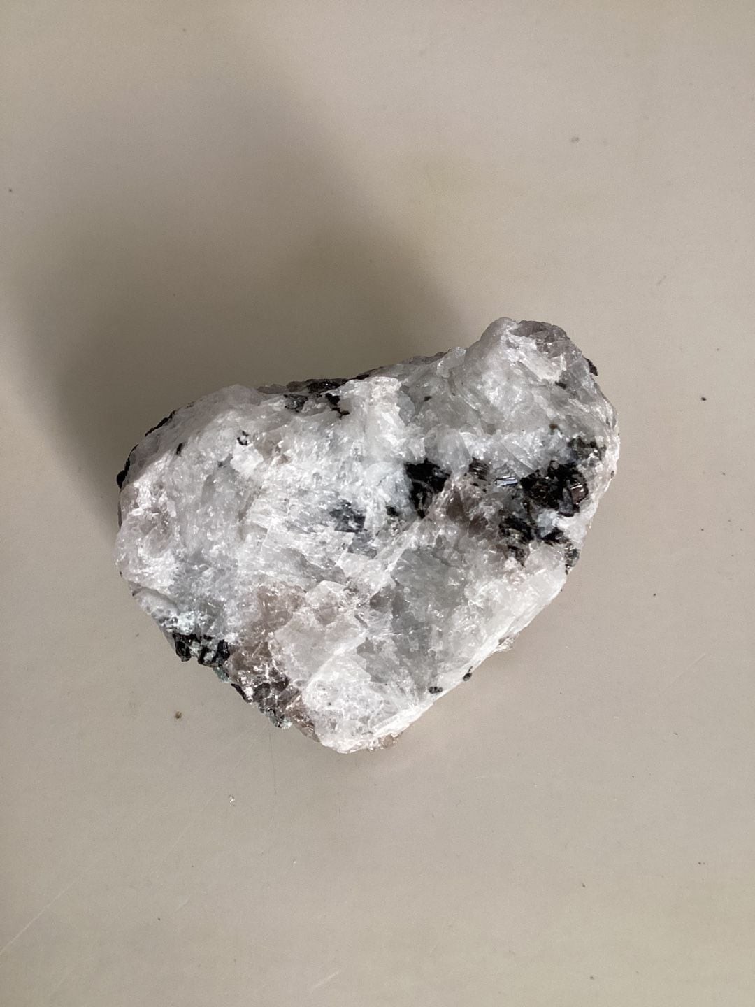 Raw Rainbow Moonstone Crystal Specimen – Natural White Stone with Black Tourmali