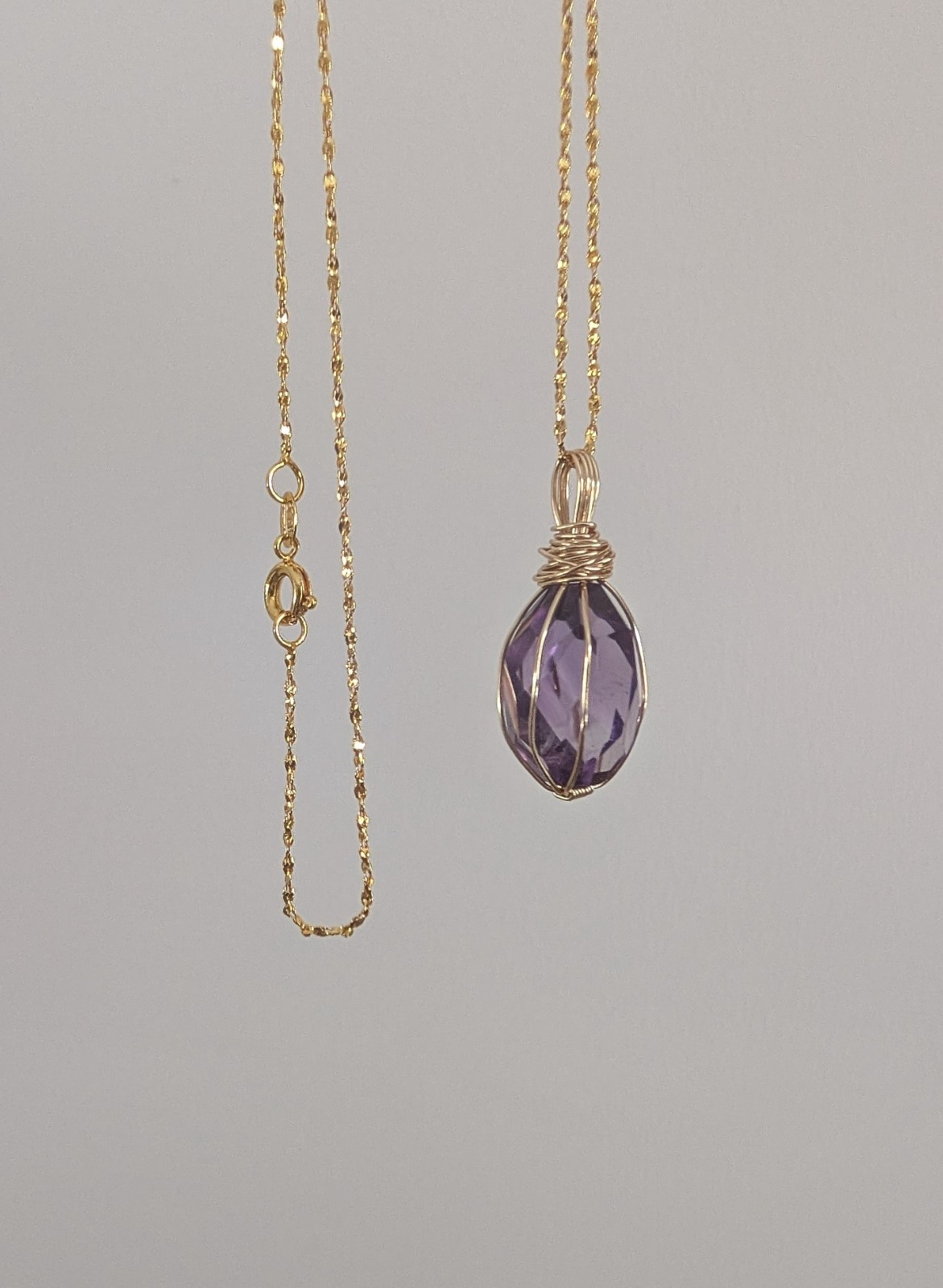 Amethyst Necklace 19 Inch Faceted Wire-wrapped Teardrop 925
