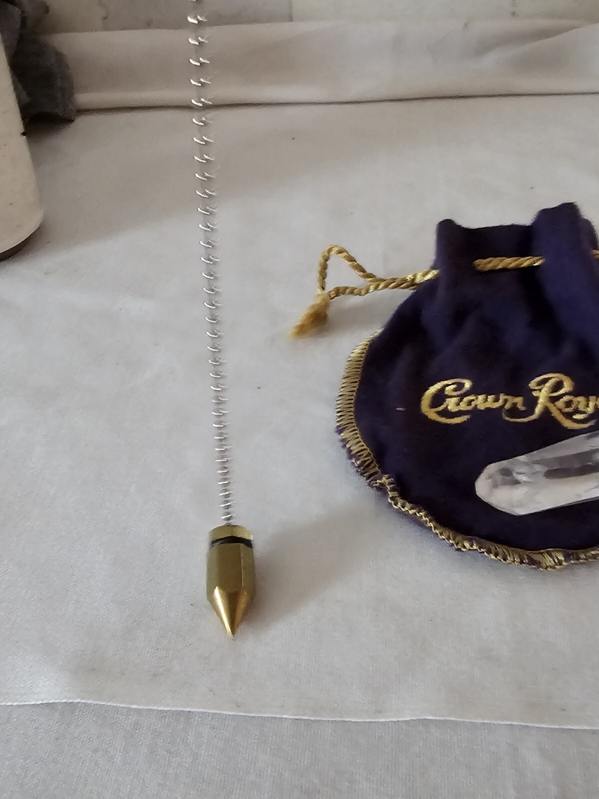 Natural Clear Quartz, Metal Pendulum pendant Royal Crown Felt Purple Pouch