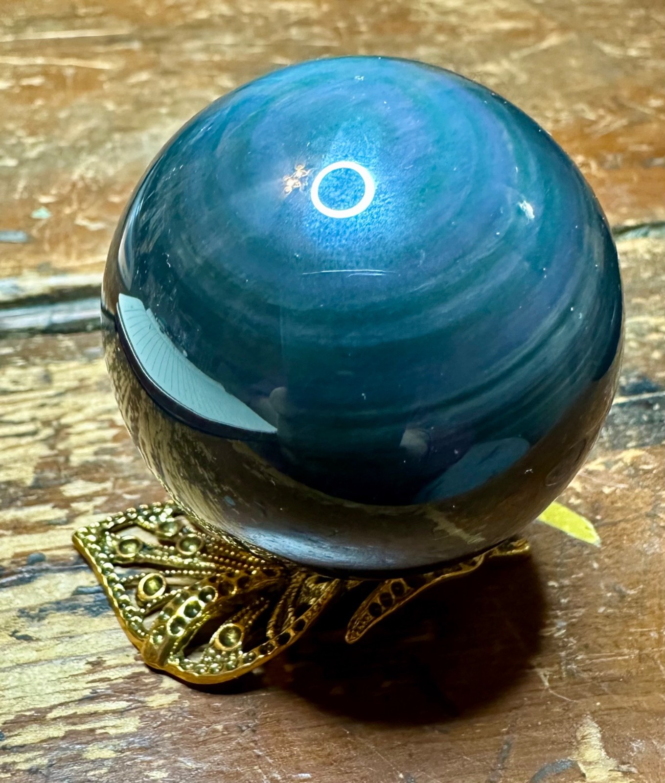 Rainbow obsidian crystal sphere green purple sheen metal stand Free shipping