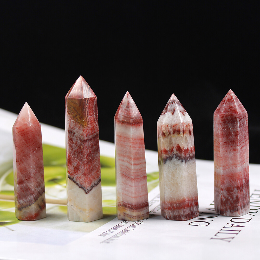 7-10cm Natural Rhodochrosite Quartz Obelisk Crystal Wand Hexagonal Point Healing