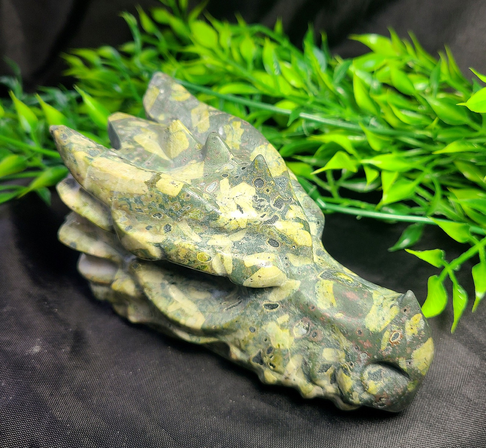 Large 4.8″ Rare Green Bamboo Jasper Dragon Head Skull Crystal Carving Sculpture