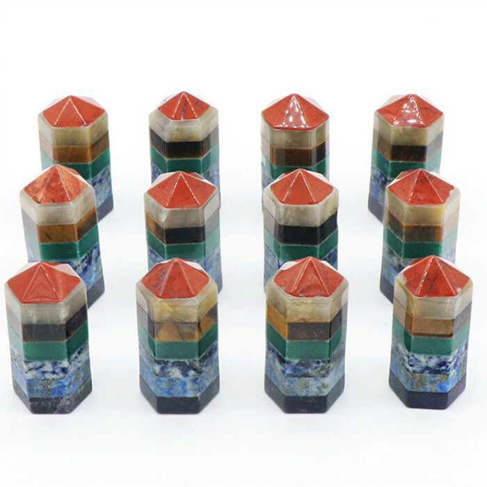 Natural Seven Chakra Stone Carving Healing Meditation Hexagonal Column Ornament