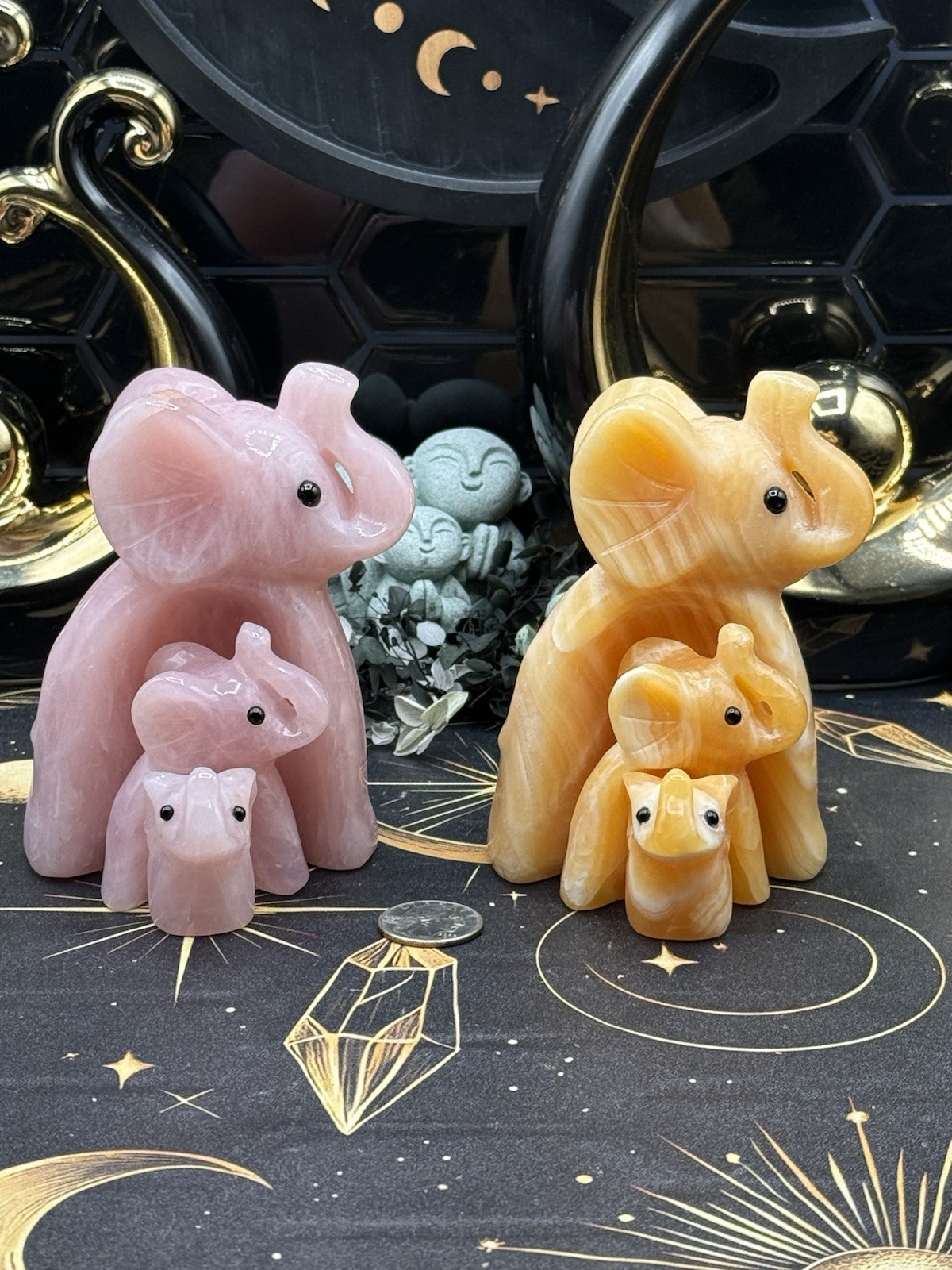 Natural Rose Quartz & Orange Calcite Nesting elephants SO CUTE!! Free shipping!