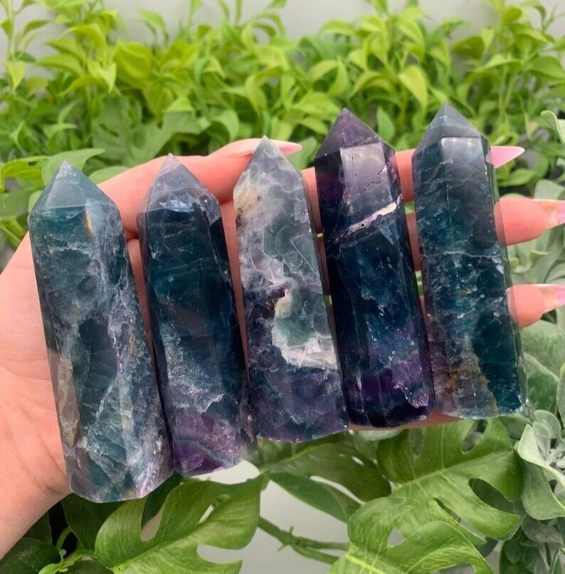 Natural Rainbow Fluorite Healing Crystal Wand Obelisk Reiki Tower Point Ornament