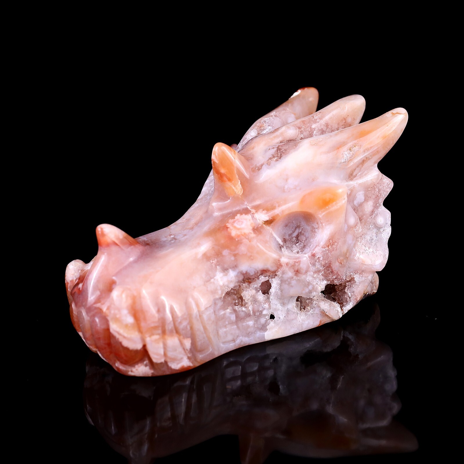 4.2″ Sakura Agate Carved Dragon Skull Sculpture Crystal Healing Carving Decor