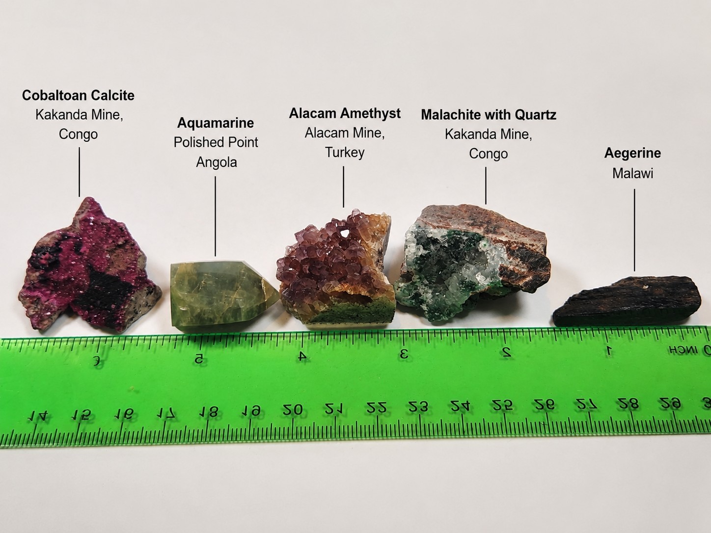 Natural Crystal Mineral Lot, Aegirine, Cobaltoan Calcite Congo, Malachite L1